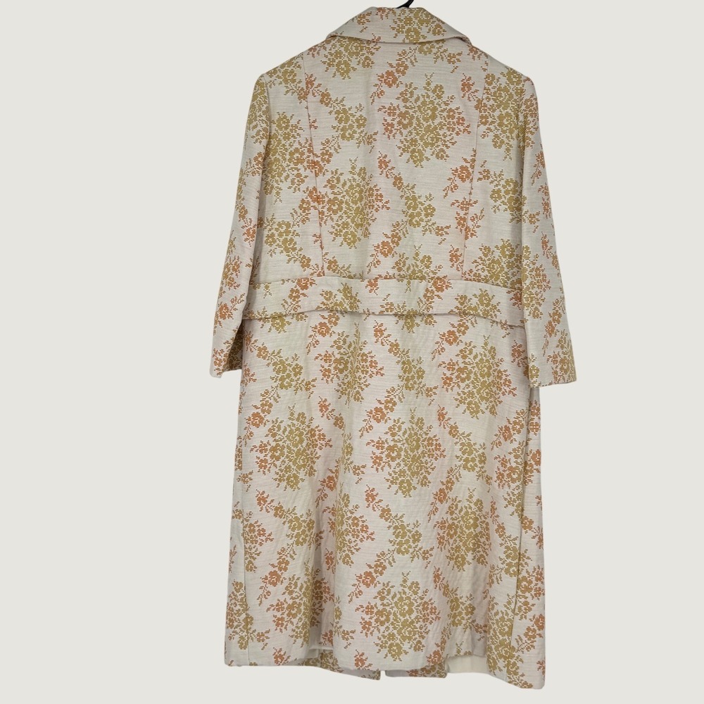 Vintage 60s Floral Brocade Mid Length Coat Orange Yellow Peter Pan Collar Mod - Picture 2 of 5